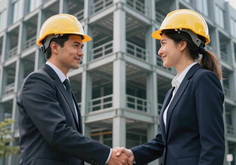 Two professional engineers, one male and one female, shaking hands firmly in front of a modern steel framework of a building, Central European / German urban environment.