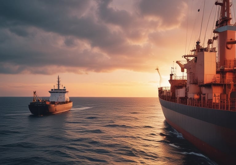 A cargo ship docked at port with crew preparing supplies and equipment.