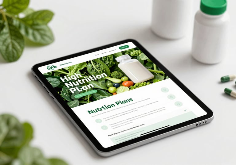 A professional flat-lay of a high-performance nutrition plan on a digital tablet next to healthy, vibrant greens and professional supplements. Clean lighting with #F5F5F5 background and subtle #4A8C67 accents.