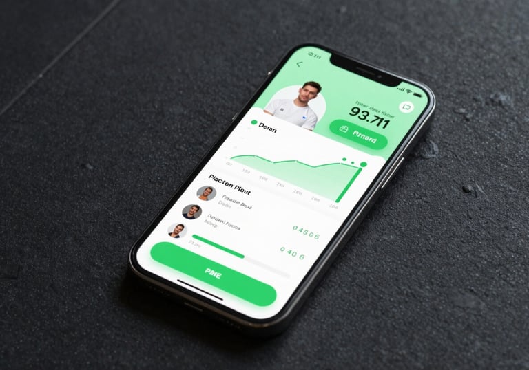 A high-tech smartphone mockup showing a sophisticated fitness app UI with progress charts and coach chat, resting on a sleek black gym floor #0A0A0A with green #4A8C67 UI elements.