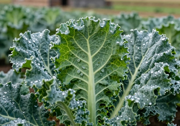 Macro photography of vibrant, deep green organic kale leaves with fresh morning dew. Shallow depth of field with a rustic North American farm background in soft focus.