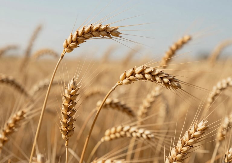 Close-up photography of golden wheat stalks swaying in the breeze under a clear North American sky. The lighting is warm and natural, emphasizing the high-quality harvest and rustic textures.