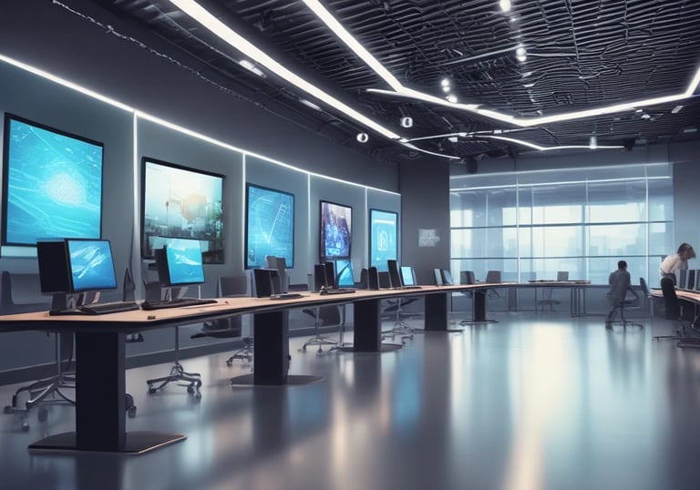 A team brainstorming session with diverse developers collaborating over digital devices.