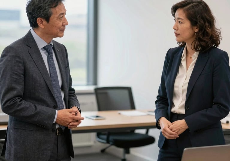 A friendly HR consultant discussing employee relations with a small business owner in a cozy office.