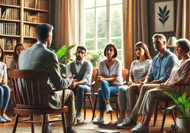 terapeuta enseñando en una reunión grupal