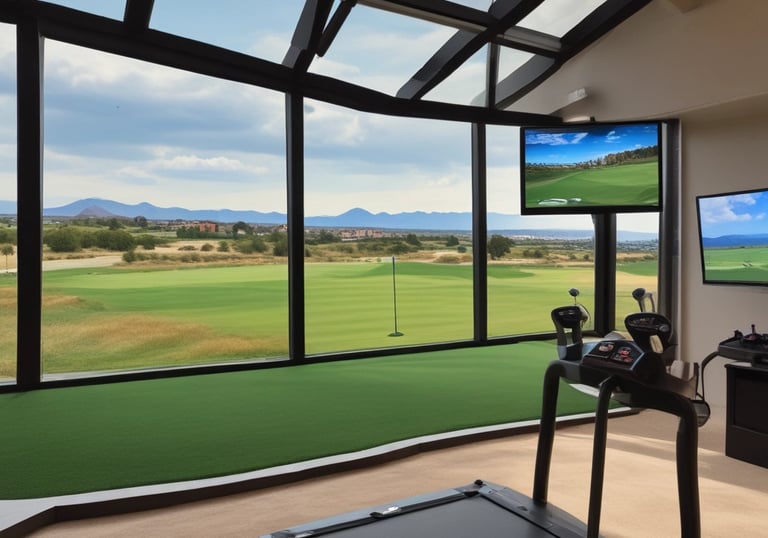 A person is focused on putting a golf ball on a green course. They are wearing a black long-sleeve top, light-colored shorts, and white athletic shoes. A golf club is held in their hands and a golf flag is visible in the background. The surroundings include lush green grass and trees under an overcast sky.