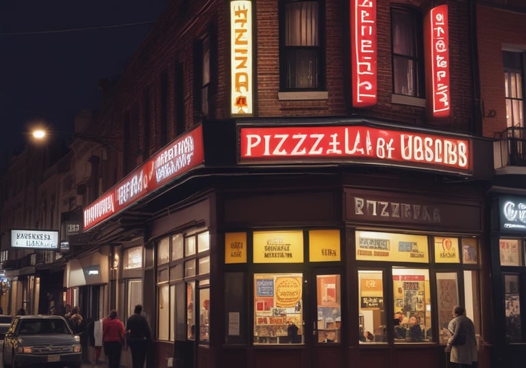 A city street at night featuring illuminated signs for a pizzeria named Pizzeria Rossi, established in . The shopfront includes a black sign with white script and a red and yellow crown emblem above. Streetlights are on, and a few cars and pedestrians can be seen.