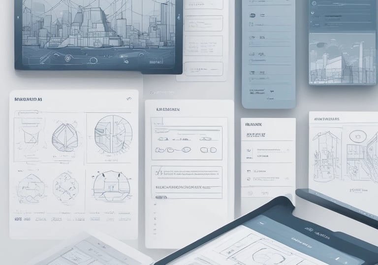 alt="UX/UI design wireframes and user flow diagrams shown in a clean minimalist interface layout"