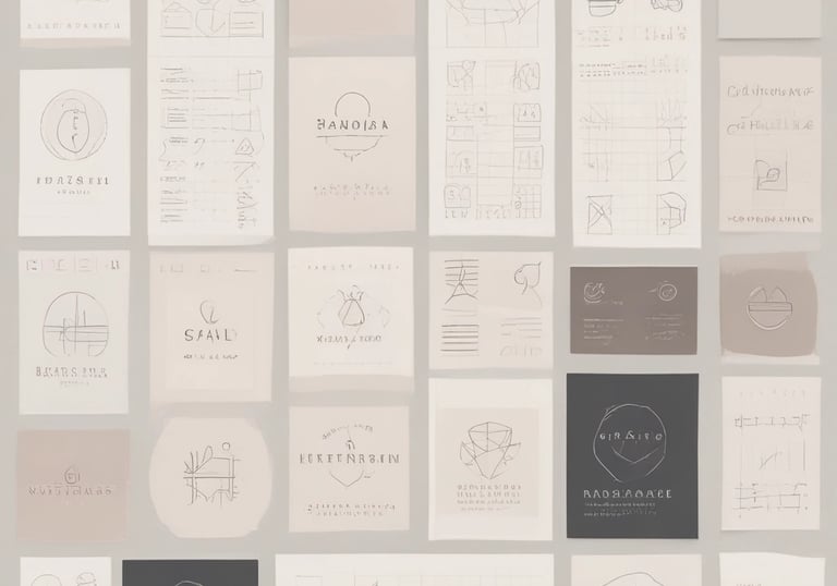 alt="Brand design elements including logo sketches, typography grids, and color palette swatches in