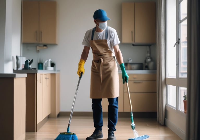 A professional cleaner using equipment to sanitize a large commercial area.