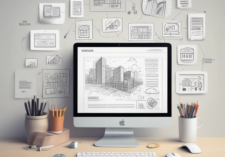 A laptop displaying a website design with the phrase 'Build your dream website.' next to a minimalistic building image. The scene also includes a modern mug and a smartphone placed on a wooden desk.