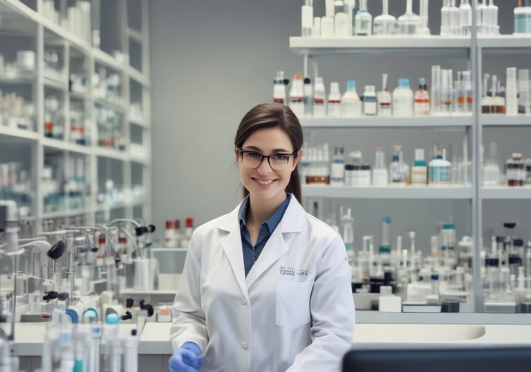 A person is standing in a laboratory, working on a laptop. The lab is equipped with various scientific instruments and glassware is visible on the shelves, including beakers and burettes containing different colored liquids. The atmosphere is well-lit with natural light coming from a large window.