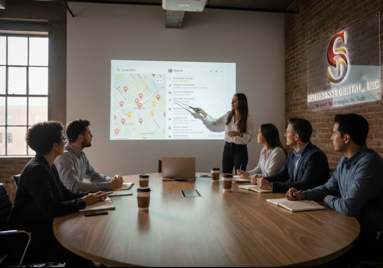 team discusses the local seo service with a woman standing and presenting a report
