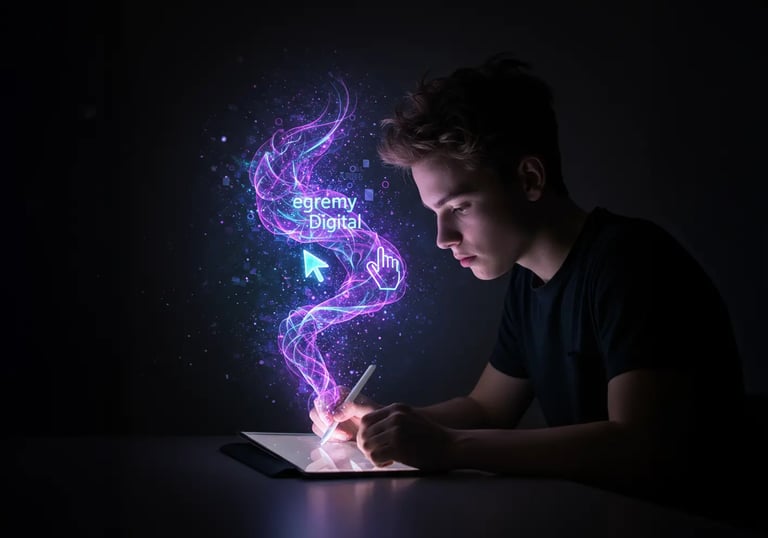 Artista joven dibuja en tablet con espiral holográfica y logo Egremy Digital, simboliza creatividad digital.