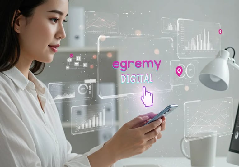 Profesional joven usa smartphone con paneles holográficos de analítica y logo Egremy Digital, simboliza estrategia de marketi