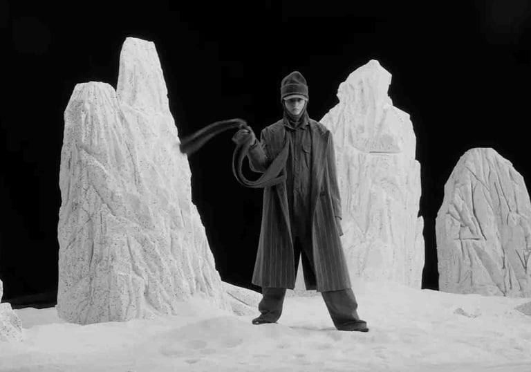 Aukštosios mados modelis, vilkintis avangardinį paltą ir skrybėlę, pozuoja snieguotame kalnų peizaže