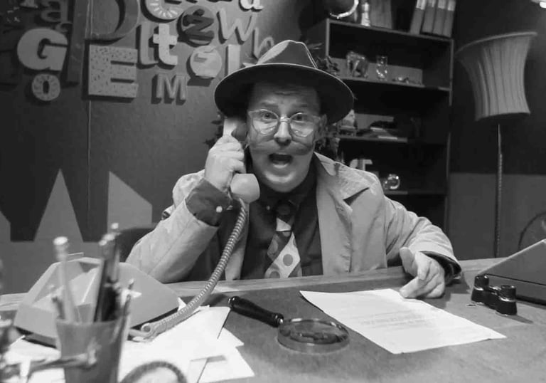 Vintažinio stiliaus detektyvas su fedora kalbasi rotaciniu telefonu prie stalo su rašomąja mašinėle.