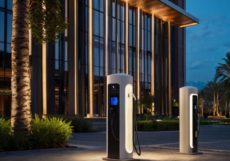an EV charging station in front of a Luxury Hotel, in qatar