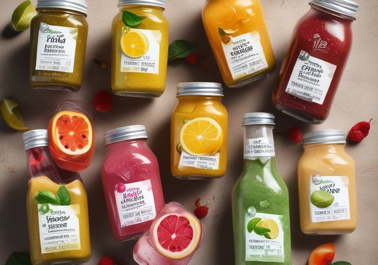 Colorful smoothie bowls topped with seeds, nuts, and fresh fruit in a bright café setting.