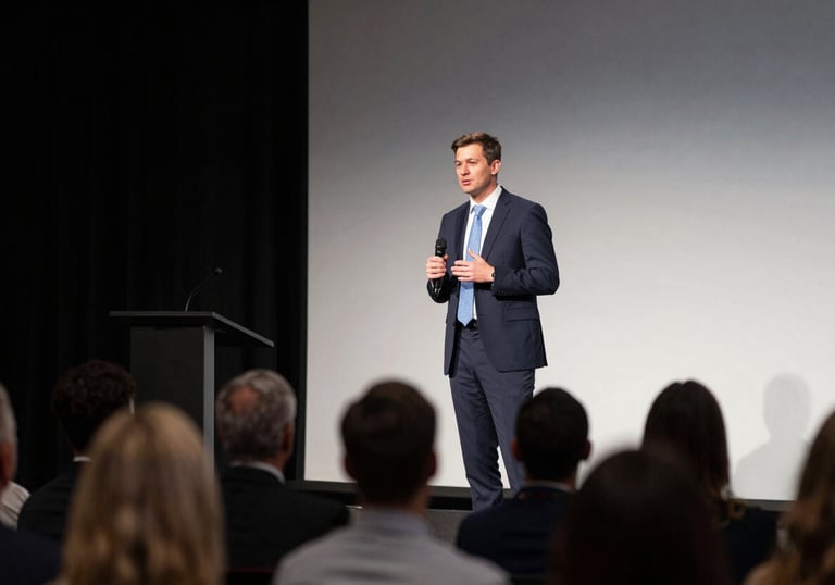 A professional man in business attire speaking from a stage in a North American conference hall. The focus is on the speaker, with a soft-focus audience in the foreground. Lighting is professional and highlights leadership and authority.