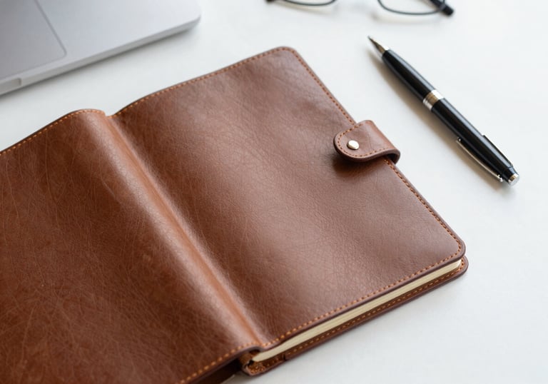 An overhead shot of a clean workspace in a North American office with a leather-bound journal and an elegant pen. The lighting is bright and clear, emphasizing a mood of planning and purpose.