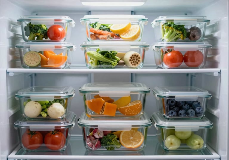 Neatly organized glass containers in a refrigerator, filled with vibrantly colored, freshly prepped batch-cooked meals. Professional and orderly look.