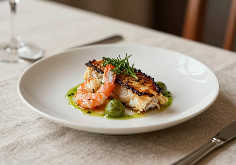 An elegant dinner plate with a gourmet meal, garnishes of fresh herbs, served on a textured linen tablecloth in a cozy home environment.