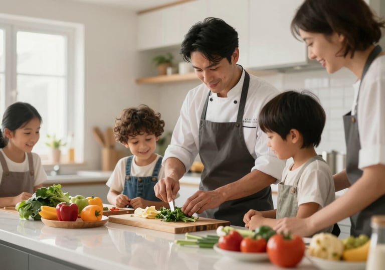 A collaborative cooking scene in a bright kitchen, where a chef is teaching a family the art of meal prepping. Warm natural light and fresh ingredients on the counter.