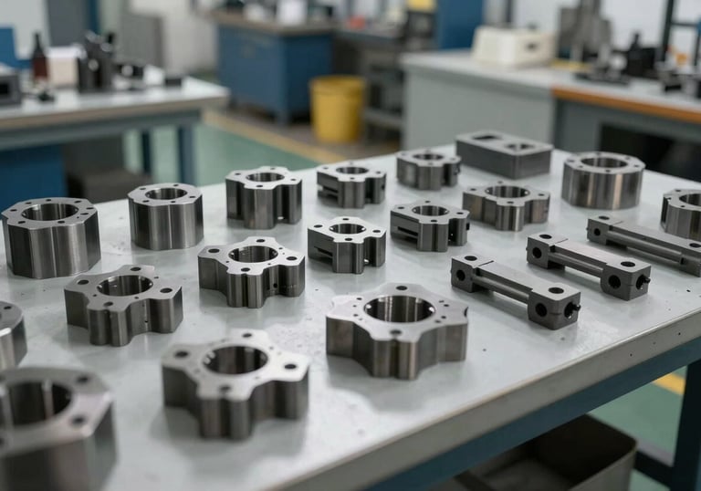 High-quality industrial stamping and mold components laid out on a professional workbench. The scene is shot in a bright, modern Southeast Asian Indonesian industrial environment.