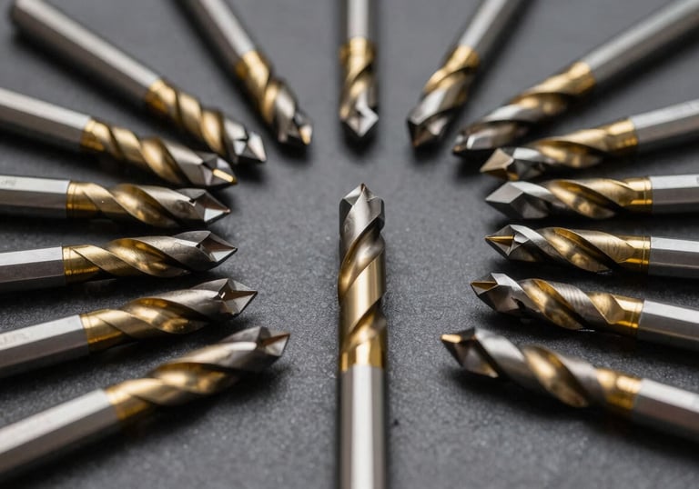 Professional photography of carbide milling tools and drills arranged symmetrically on a dark grey surface. The lighting is dramatic, with gold accents highlighting the sharp edges.