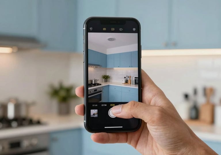 A resident holding a smartphone displaying a live security camera feed in a bright, modern North American kitchen with light blue accents.