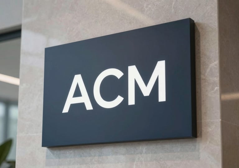 Modern corporate lobby sign with sophisticated lighting, showing expert visual communication and ACM application. High contrast, minimalist design. Palette: #1A202C and #A0AEC0.