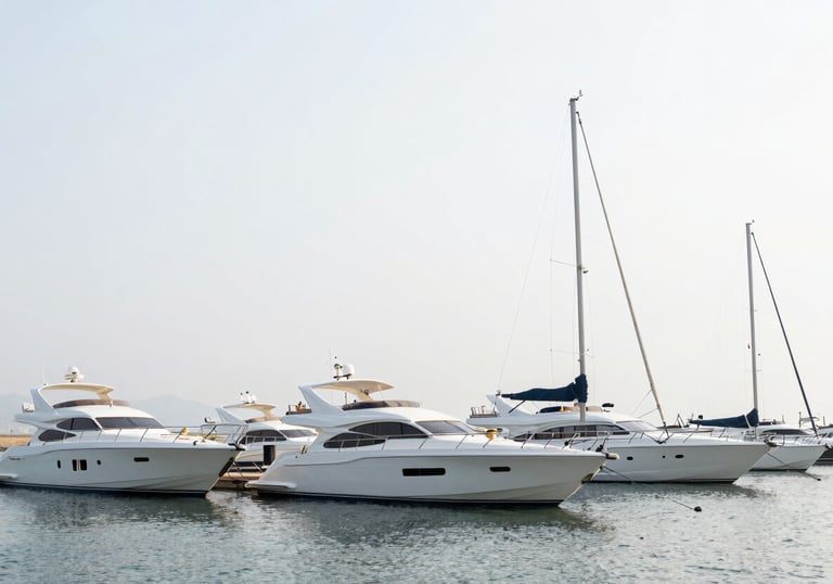 A clean, modern marina with several yachts docked, under a pale mist white sky, showing a professional maritime environment.