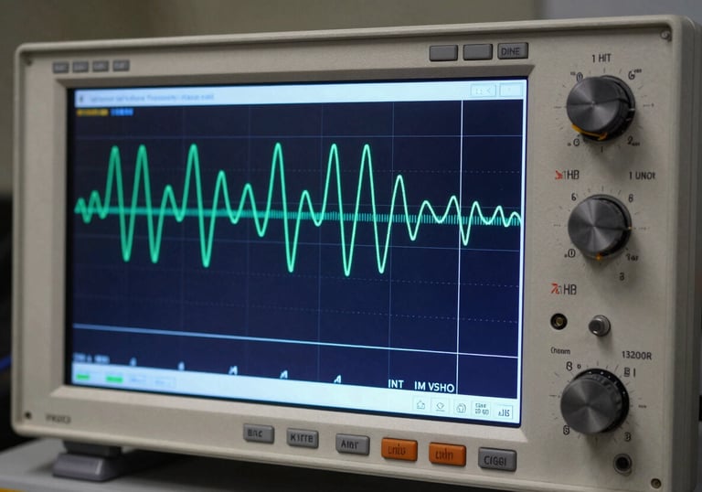 A sophisticated digital oscilloscope screen showing wave patterns, reflecting the technical precision of avionics testing, navy blue lighting.