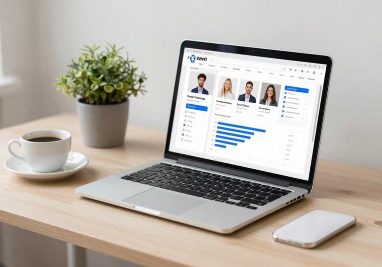 A clean office workspace with a laptop showing social media analytics, a cup of coffee, and a small potted plant on a Crisp Parchment colored desk.