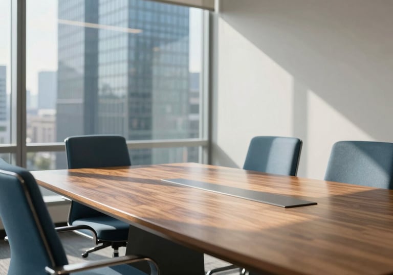 A clean, bright photograph of a modern boardroom in a North American skyscraper with muted blue chairs and a polished wooden table, illuminated by morning sunlight.