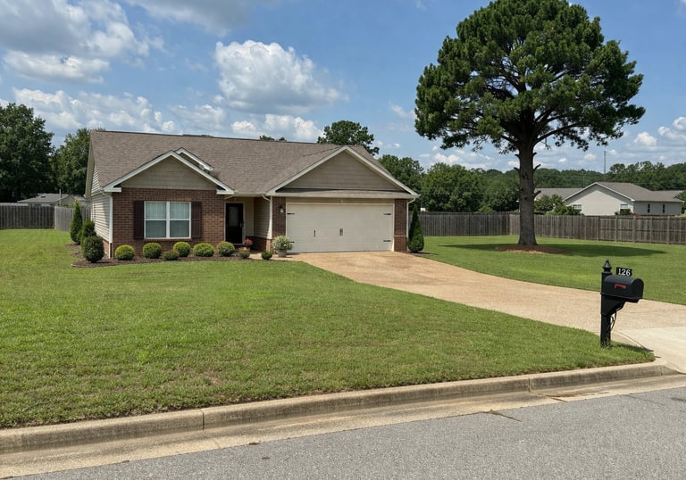 Well-kept Savannah, TN home with a large trimmed backyard tree, showing professional removal of low-