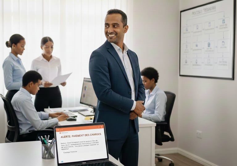 a man in a suit and tie standing in front of a laptop computer delegating tasks