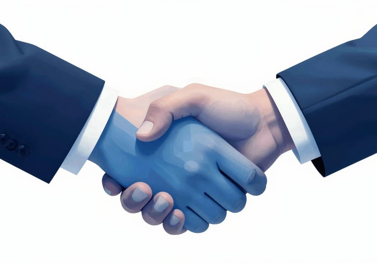Abstract representation of a handshake formed by geometric lines, symbolizing a strong partnership, colors #3D6B90 and #0A1C2C.