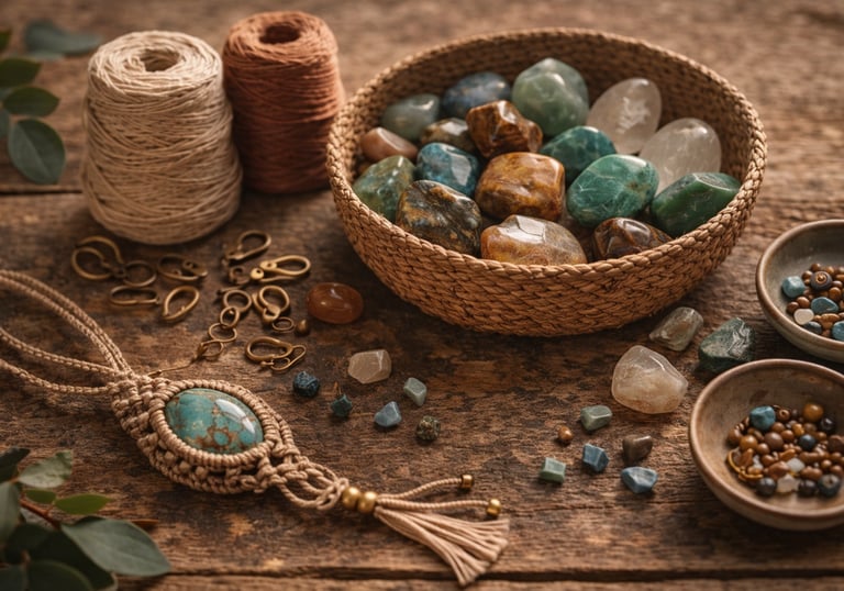 Collar de macramé hecho a mano con piedra turquesa y cristales naturales en una canasta tejida