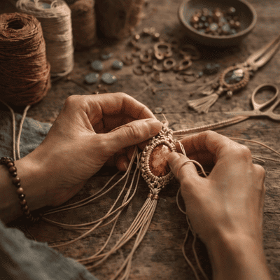 Joyería colgante de macramé hecha a mano, elaborada con hilo y una piedra preciosa natural