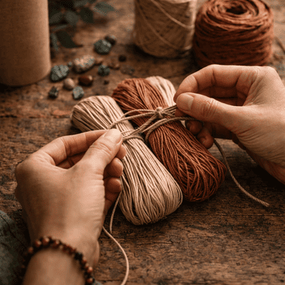 Manos haciendo un nudo en manojos de cordón de macramé en tonos tierra naturales 
