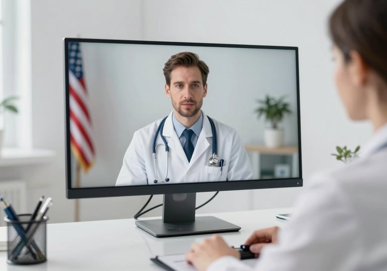 A professional doctor in the US conducting a telemedicine session via a high-definition monitor in a clean Soft White office with Steel Blue accents.