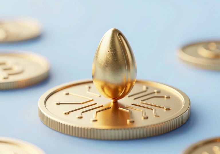 An artistic representation of a golden coin or circuit-like seed growing, symbolizing financial technology and investment growth. Clean, professional style using #2D4A6B.