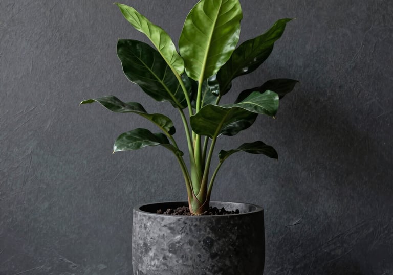 A single green plant in a dark, textured charcoal pot against a Slate Graphite wall in a minimalist European office setting. High-contrast and professional.