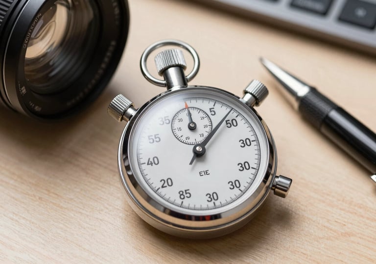 A high-end, professional stopwatch and a pen on a desk, representing the final revision and elite performance phase.