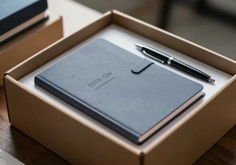 A finished box of branded corporate merchandise, including notebooks and pens, ready for delivery in a professional setting.