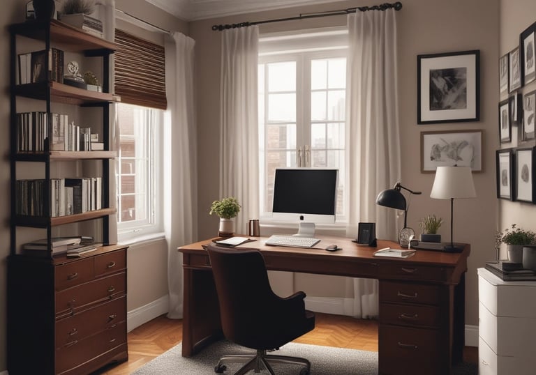 Elegant office desk with financial documents and a stylized oak tree emblem.