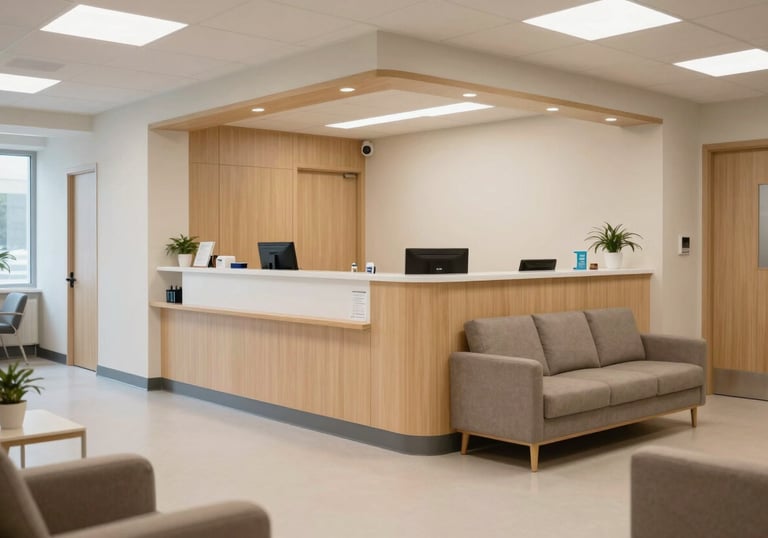 An interior shot of a welcoming, modern medical reception area in North America, with comfortable seating, light wood accents, and a calm, clean atmosphere.