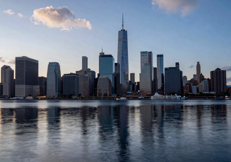 A modern city skyline in North America / US at blue hour, reflected in a still body of water, Soft Pearl clouds, sophisticated and forward-thinking urban landscape.